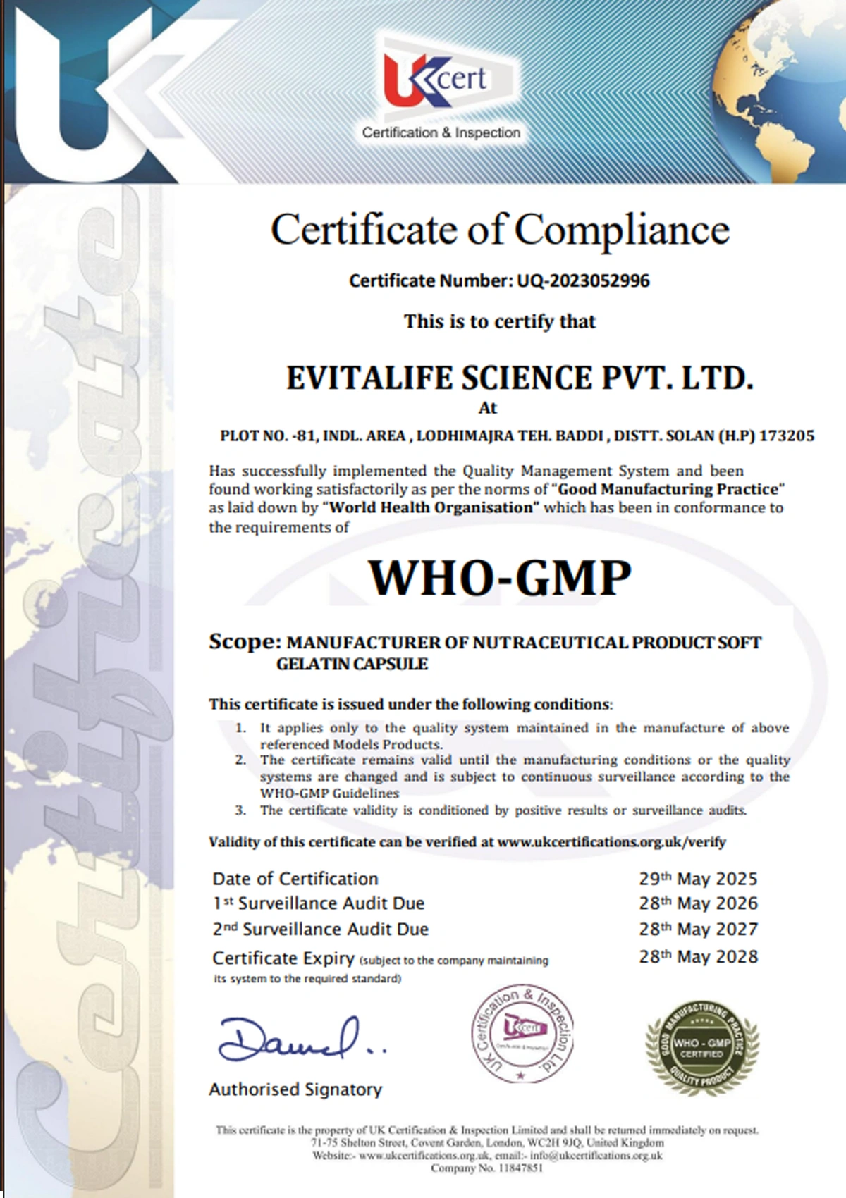 WHO GMP Certificate