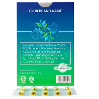 Folic Acid, Cyanocobalamin, Vitamin B6, Chromium Picolinate, Selenious Acid, Zinc Sulphate, Manganese Sulphate, Light Magnesium Oxide, Lycopene, EPA, DHA & Alpha Lipoic Acid Soft Gelatin Capsules