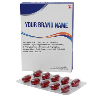 Lycopene, L-Arginine, L-Valine, L-isolecine, L-Leucine, L-Lysine Hydrochloride, DL-Methionine, L-Phenylalanine, L-Threonine, L-Tryptophan, Omega-3 Fatty Acid, Cyanocobalamin & Folic Acid -Softgel Capsules - Evitalife Science
