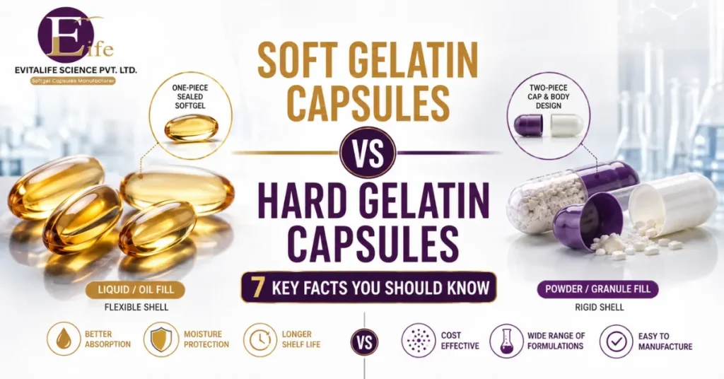 Soft gelatin capsules vs hard gelatin capsules by Evitalife Science, showing liquid-filled softgels and powder-filled hard capsules
