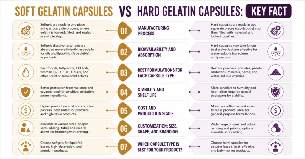 Soft Gelatin Capsules vs Hard Gelatin Capsules – 7 Key Facts Comparison Table Soft gelatin capsules vs hard gelatin capsules comparison chart showing 7 key differences in manufacturing, absorption, and cost